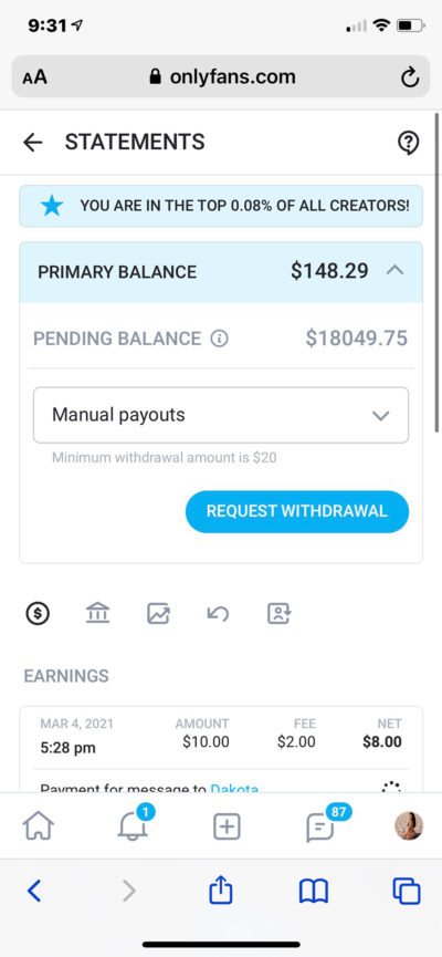 Proven earnings of an onlyfans collaboration contract with Aroa Agency